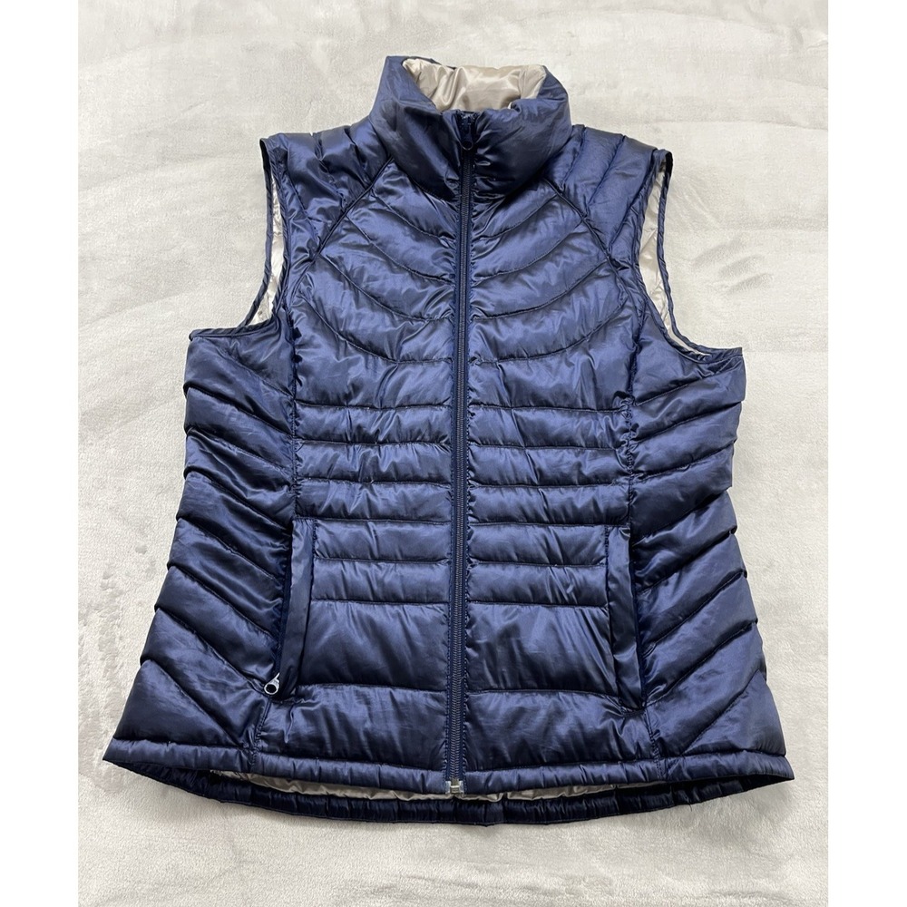 Bernardo Puffer Vest Women Medium Navy Silver Quilted Goose Down High Neck Hike